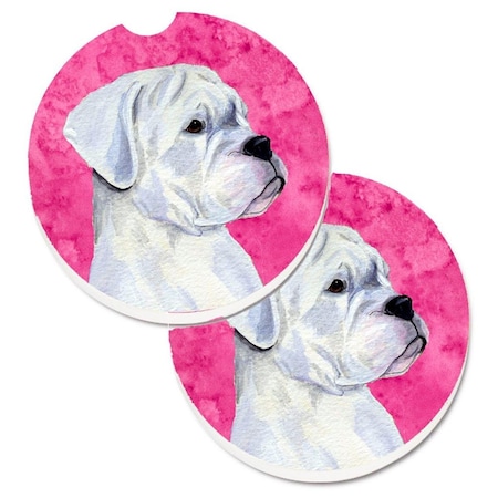 Carolines Treasures Pink White Natural Eared Boxer Set of 2 Cup Holder Car Coaster SS4785-PKCARC